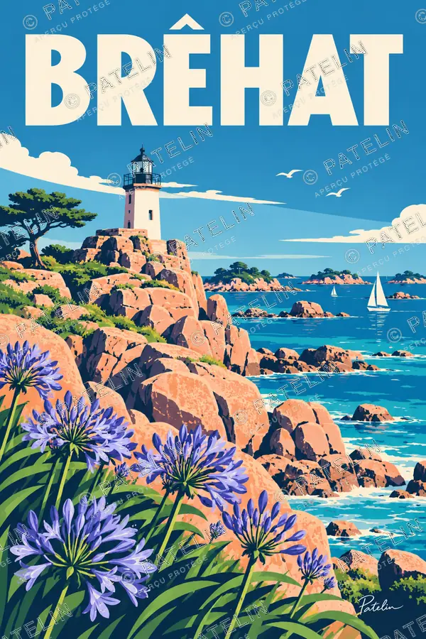 Illustration Île-de-Bréhat — Le phare et les agapanthes, style Pop
