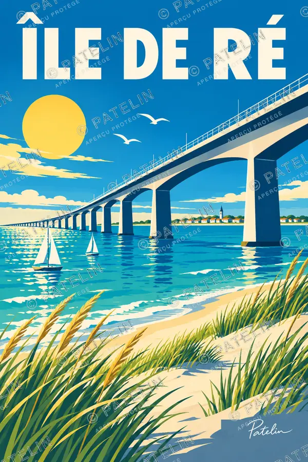 Illustration Île de Ré — Le pont et les voiliers, style Pop