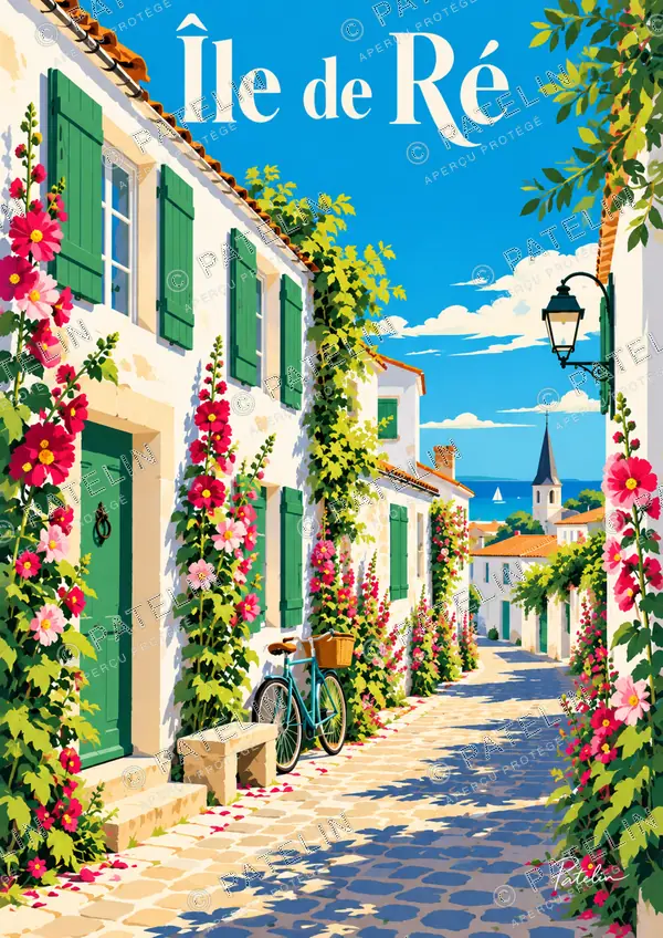 Illustration Île de Ré — La rue fleurie, style Pop