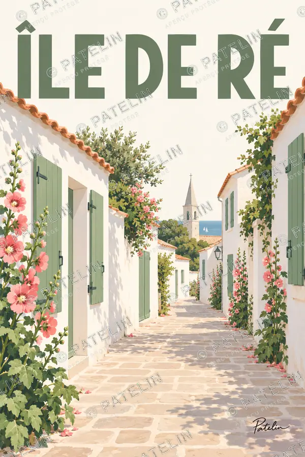Illustration Île de Ré — La ruelle et le clocher, style Minimal