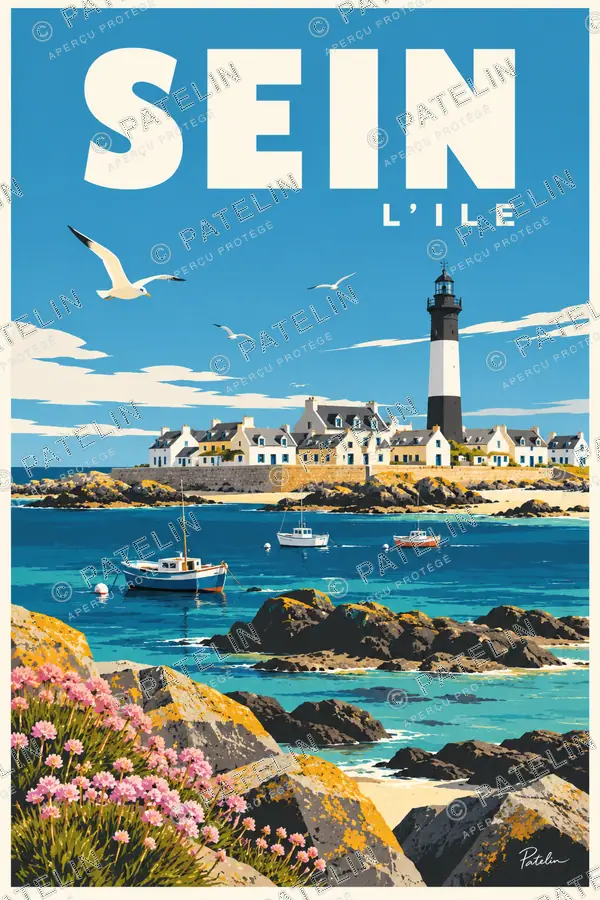 Illustration Île-de-Sein — Le port et le clocher, style Pop
