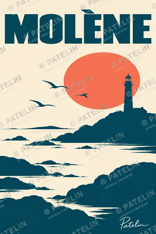 Illustration Île-Molène — Le phare au couchant, style Minimal