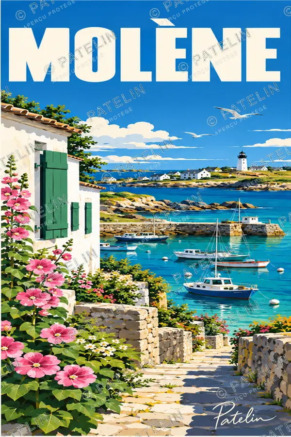 Illustration Île-Molène — Le port et les maisons fleuries, style Pop