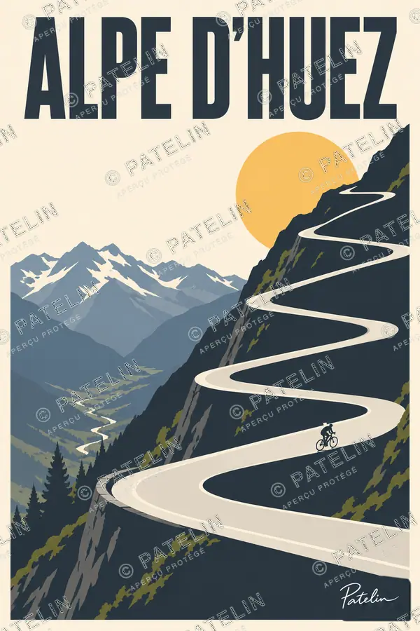 Illustration L’Alpe d’Huez — Les lacets de l’ascension, style Minimal