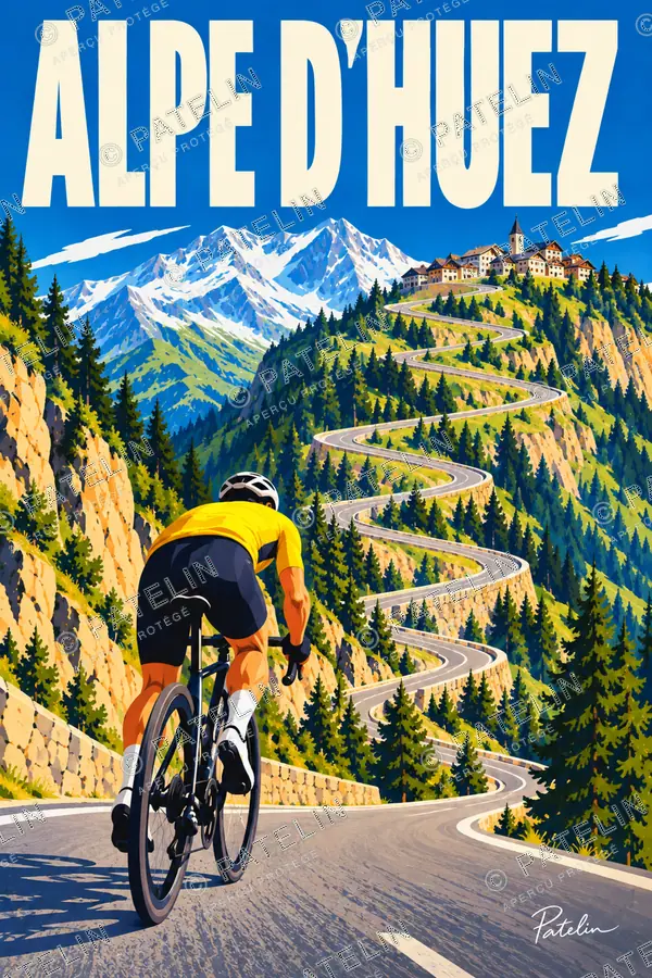 L’Alpe d’Huez — Le cycliste dans les virages, illustration Pop