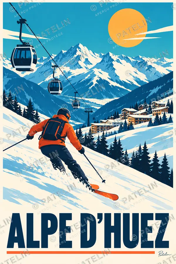 Illustration L’Alpe d’Huez — Le skieur et les télécabines, style Pop