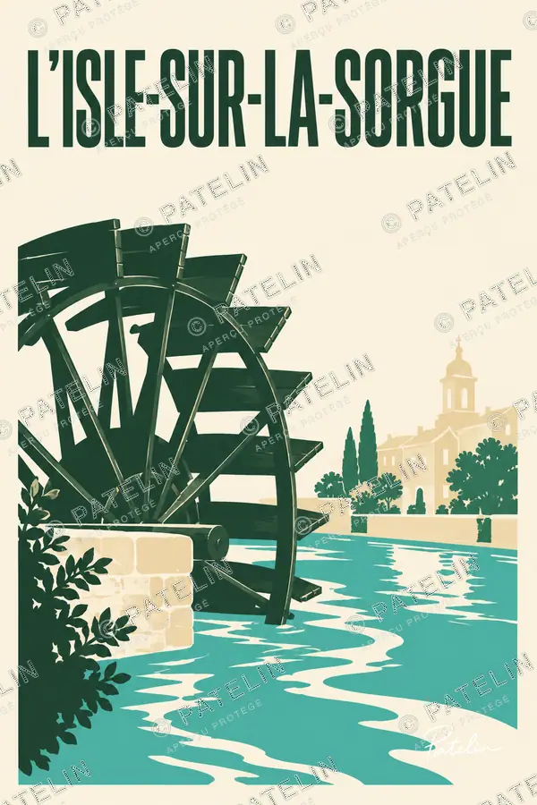 Illustration L'Isle-sur-la-Sorgue — La roue et la Sorgue, style Minimal