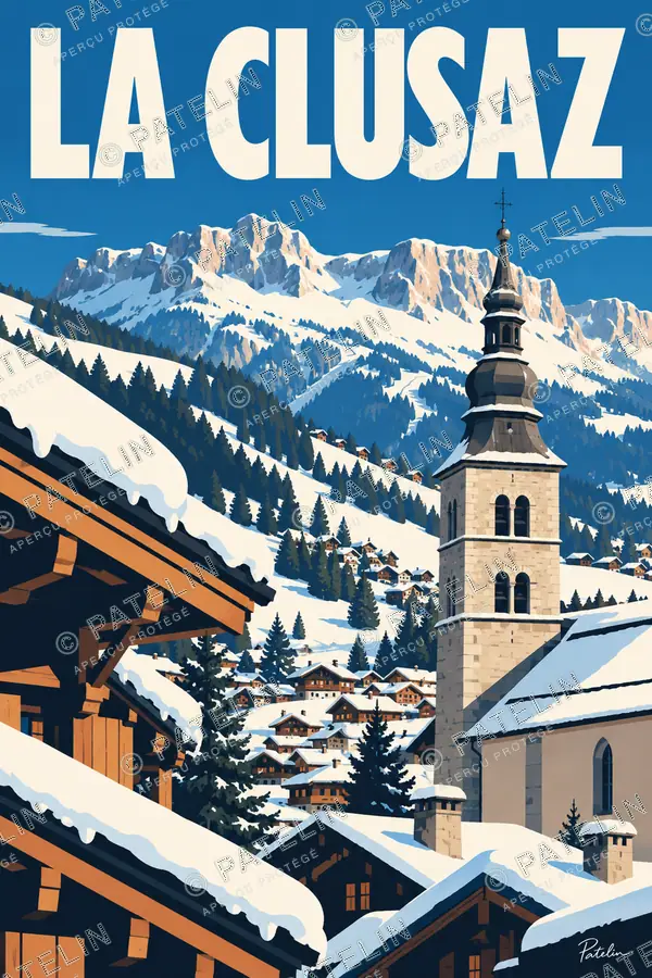 La Clusaz — Le clocher entre les chalets, illustration Pop