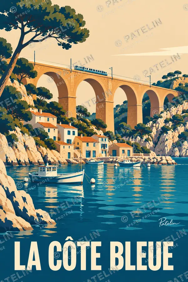 Illustration La Côte Bleue — Le bateau et le viaduc, style Minimal