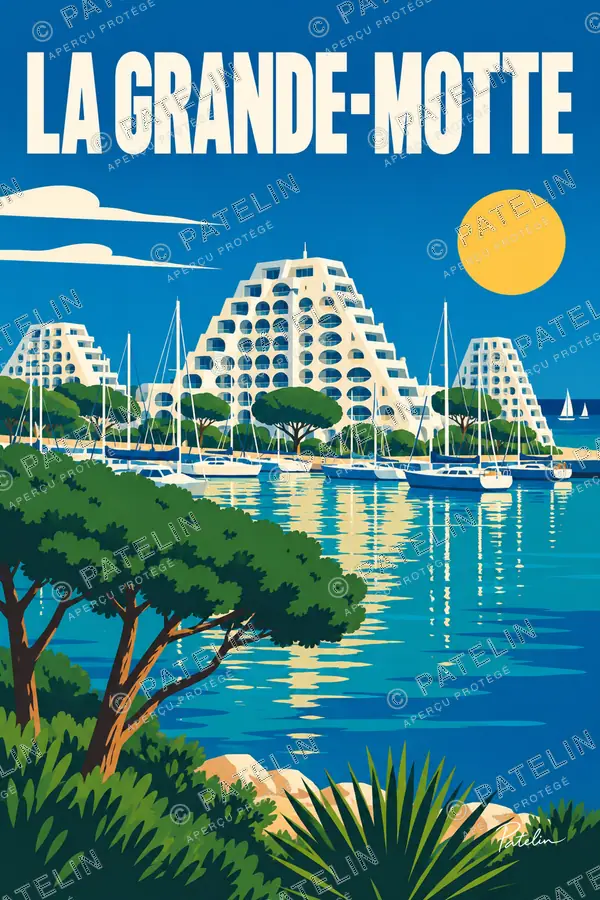 Illustration La Grande-Motte — Les pyramides au bord du port, style Pop