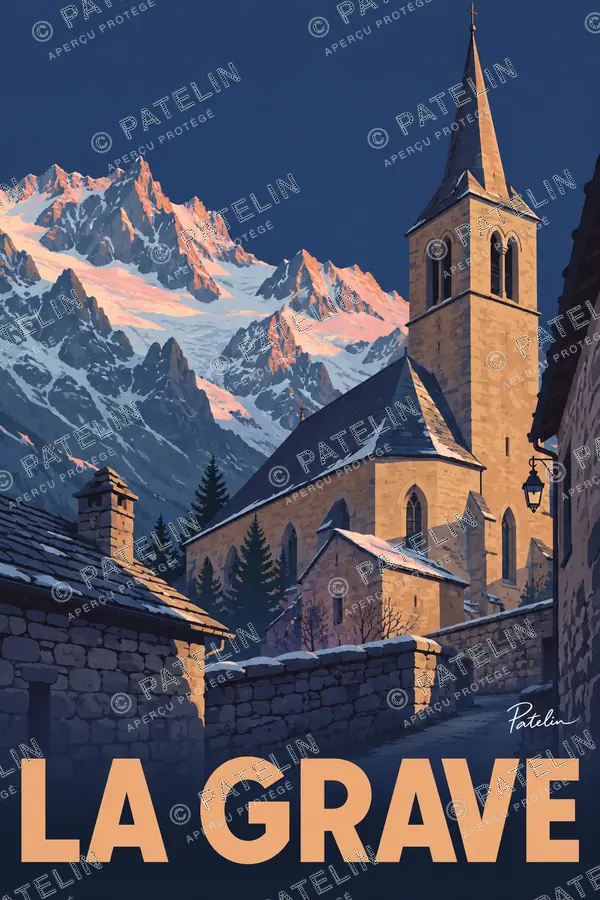 Illustration La Grave — L’église au pied de la Meije, style Pop