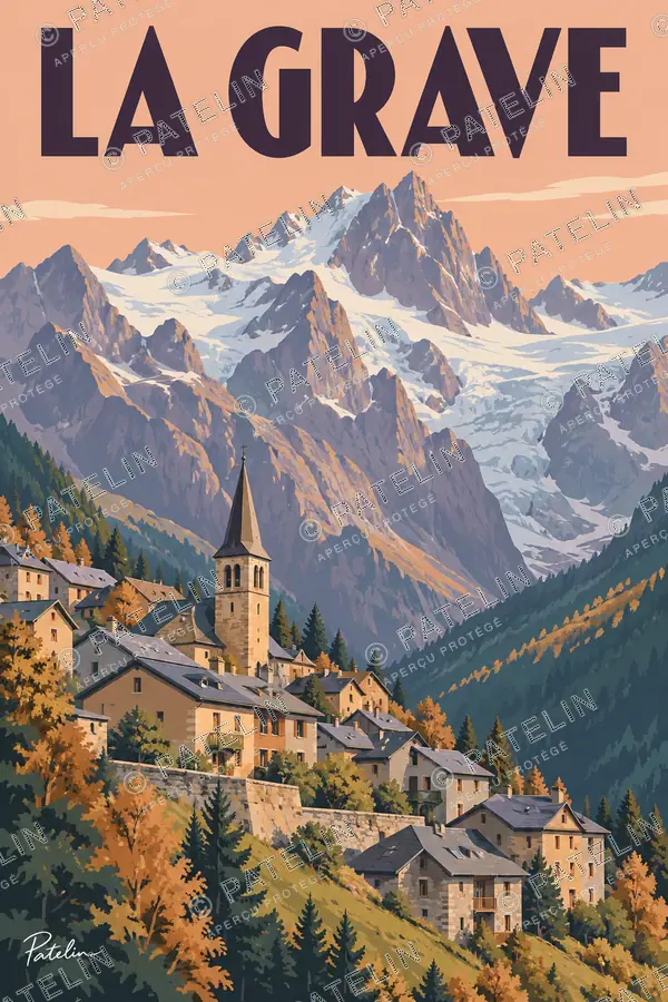Illustration La Grave — Le village sous les sommets de la Meije, style Pop
