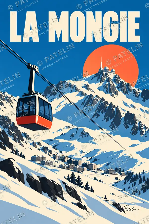 Illustration La Mongie — Le téléphérique et le pic, style Pop