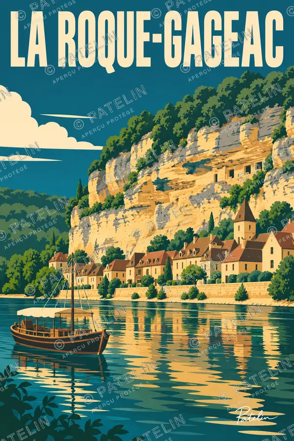 Illustration La Roque-Gageac — La gabare et le village, style Pop