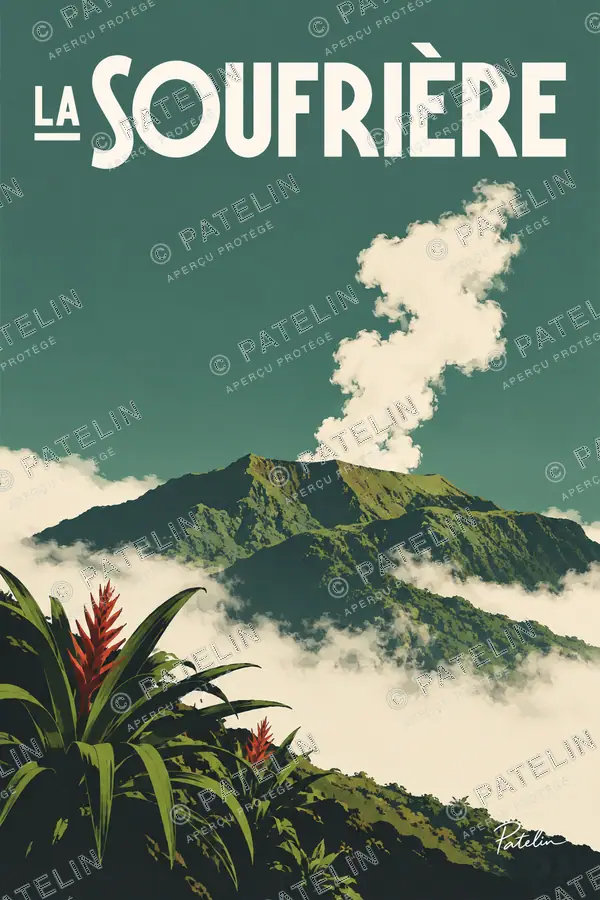 Illustration La Soufrière — Le volcan dans la brume, style Minimal