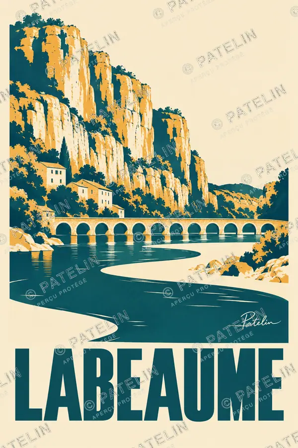Illustration Labeaume — Le village et la rivière, style Minimal