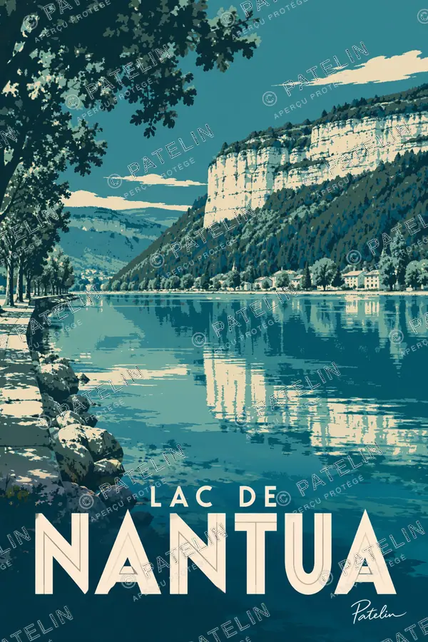Illustration Lac de Nantua — Le lac et les falaises, style Minimal