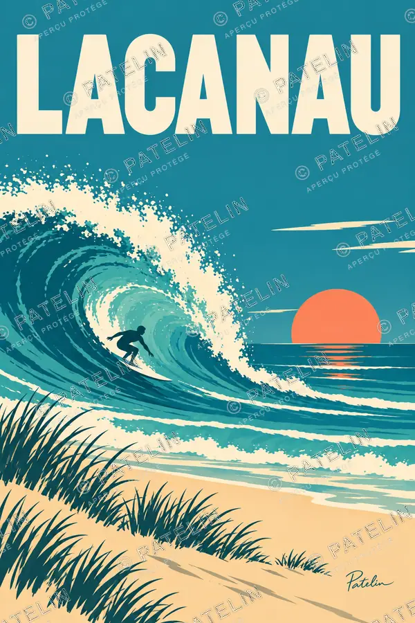 Illustration Lacanau — La vague et le surfeur, style Minimal