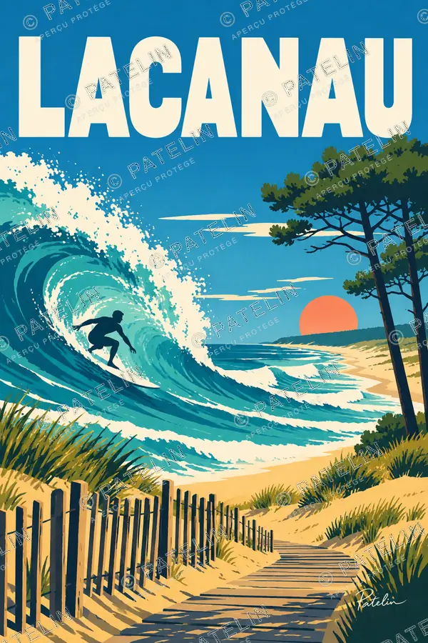 Illustration Lacanau — Le chemin vers les vagues, style Pop