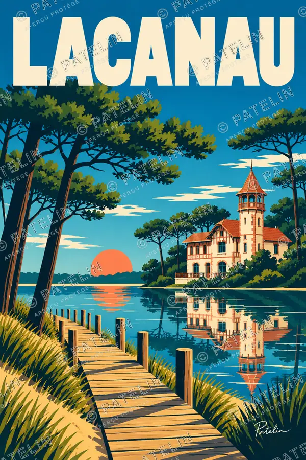 Illustration Lacanau — La promenade au bord du lac, style Pop