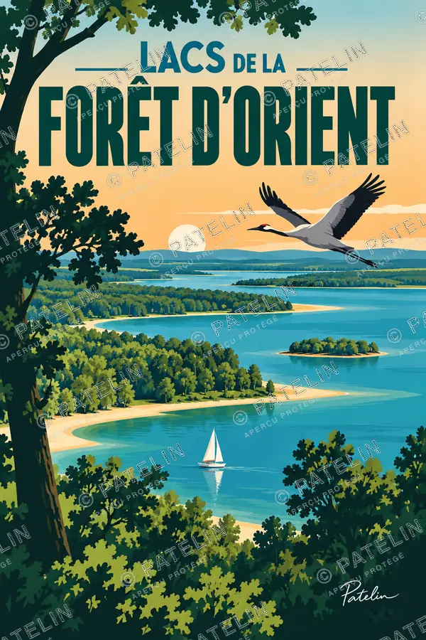 Illustration Lacs de la Forêt d’Orient — Les lacs et les oiseaux, style Pop