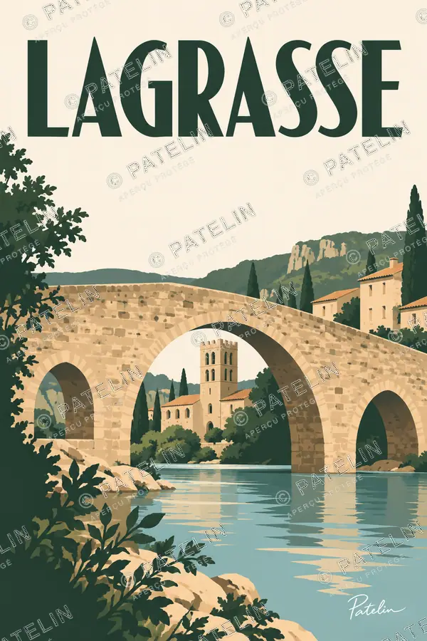 Illustration Lagrasse — Le pont et l’abbaye, style Minimal