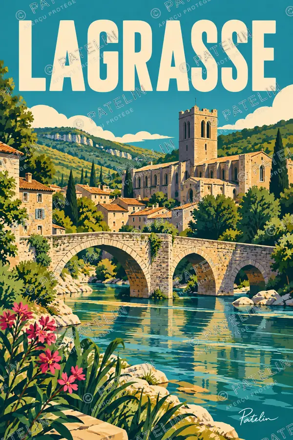 Illustration Lagrasse — Le pont au pied du village, style Pop