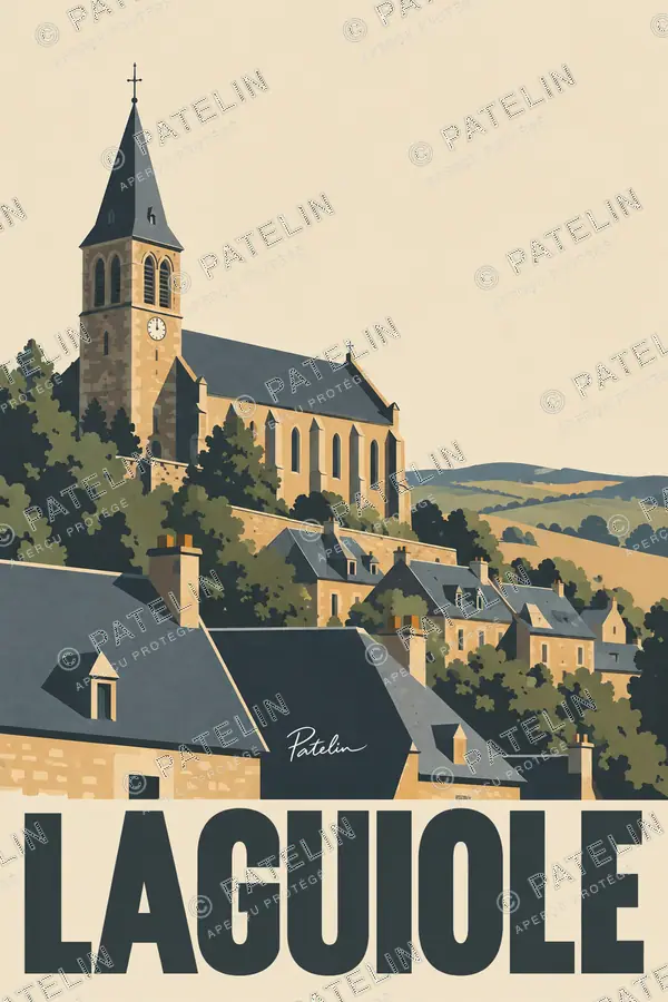 Illustration Laguiole — Le clocher et le village, style Minimal