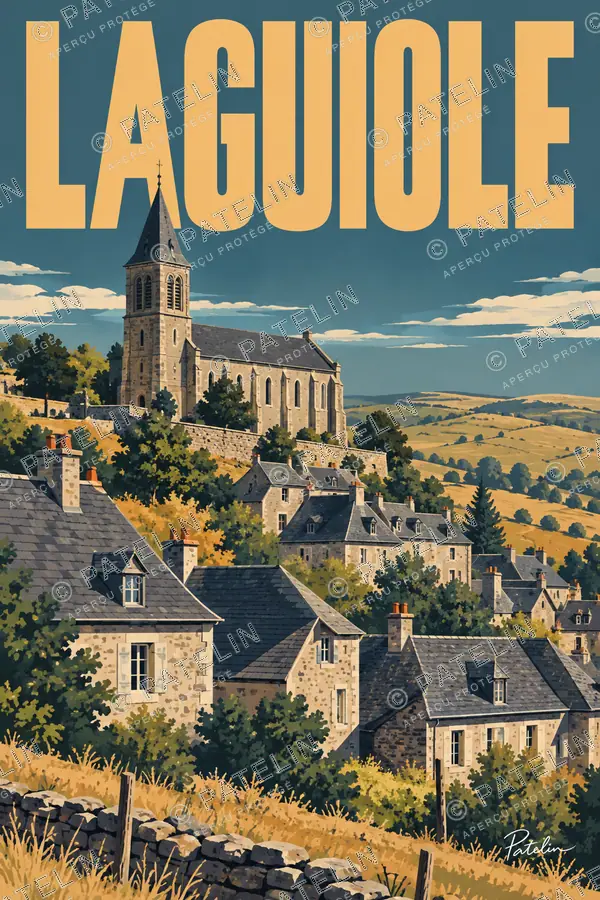 Illustration Laguiole — L’église au-dessus des maisons, style Pop