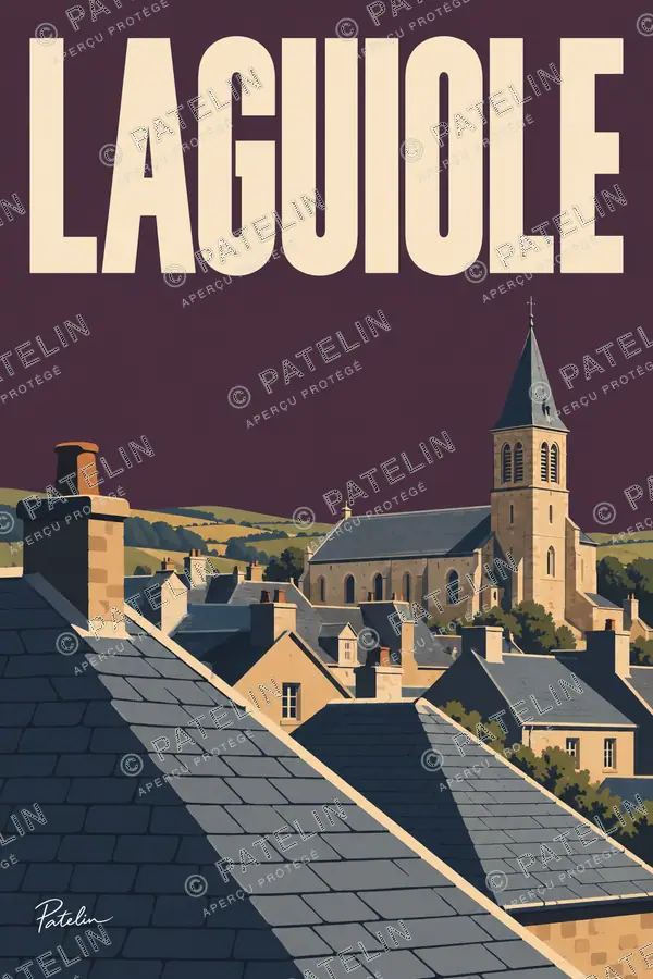 Illustration Laguiole — Les toits sous le ciel du soir, style Minimal