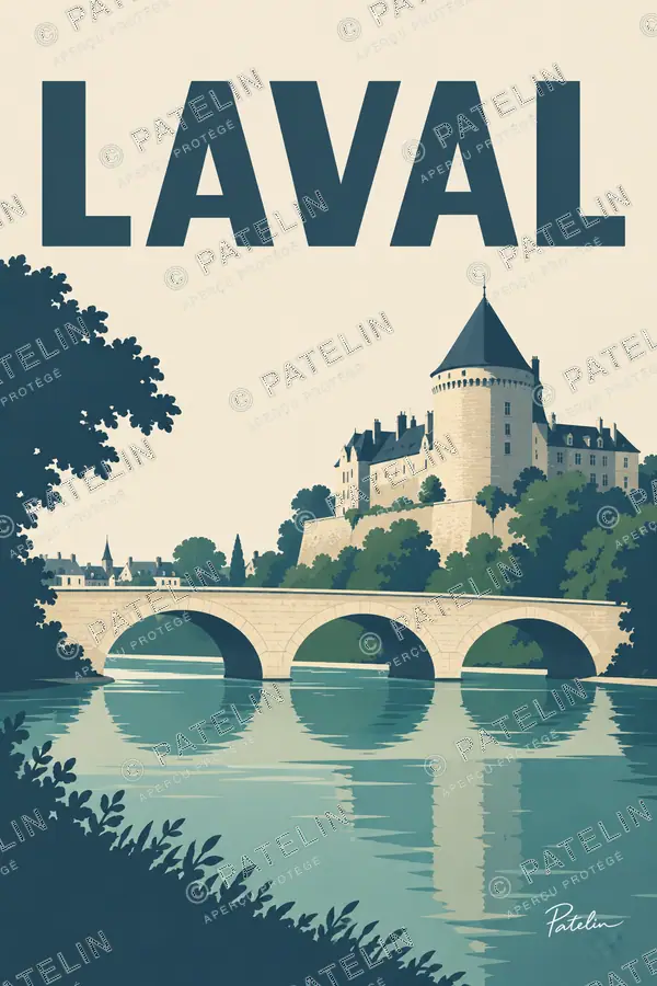 Illustration Laval — Le château et le vieux pont, style Minimal