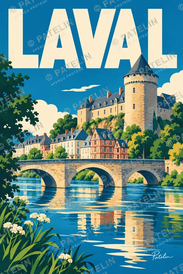 Illustration Laval — Le château et le vieux pont, style Pop