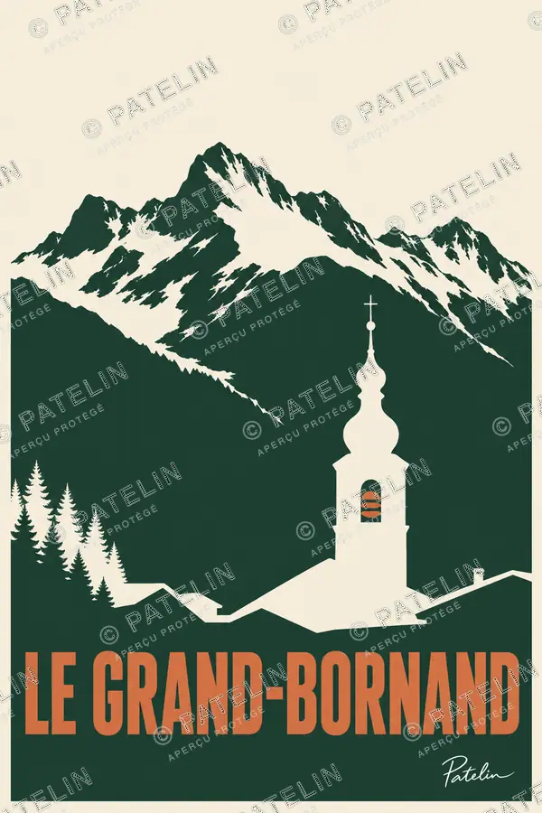 Illustration Le Grand-Bornand — Le clocher et les sommets, style Minimal