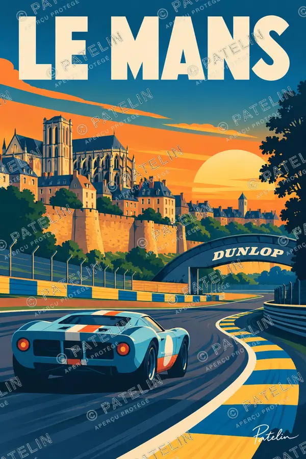 Illustration Le Mans — Le circuit au couchant, style Pop