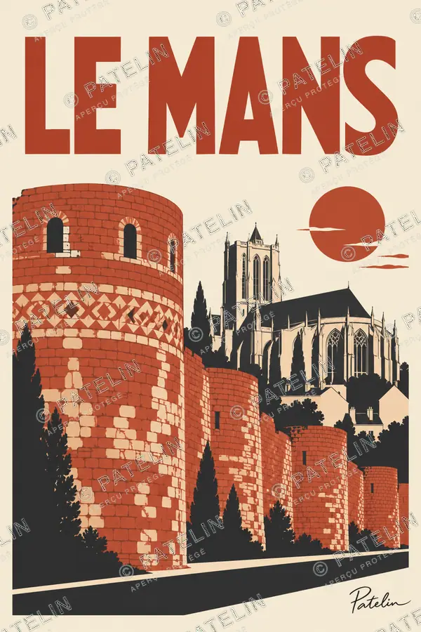 Illustration Le Mans — L’enceinte et la cathédrale, style Minimal
