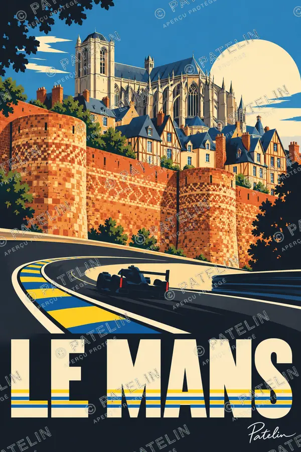 Illustration Le Mans — La cathédrale au-dessus du circuit, style Pop