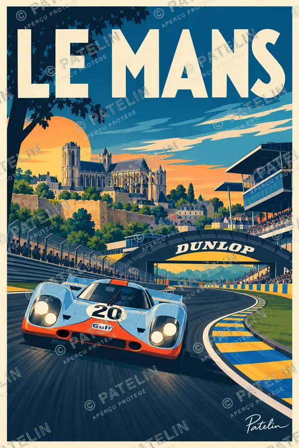 Illustration Le Mans — Le prototype sous la passerelle Dunlop, style Pop