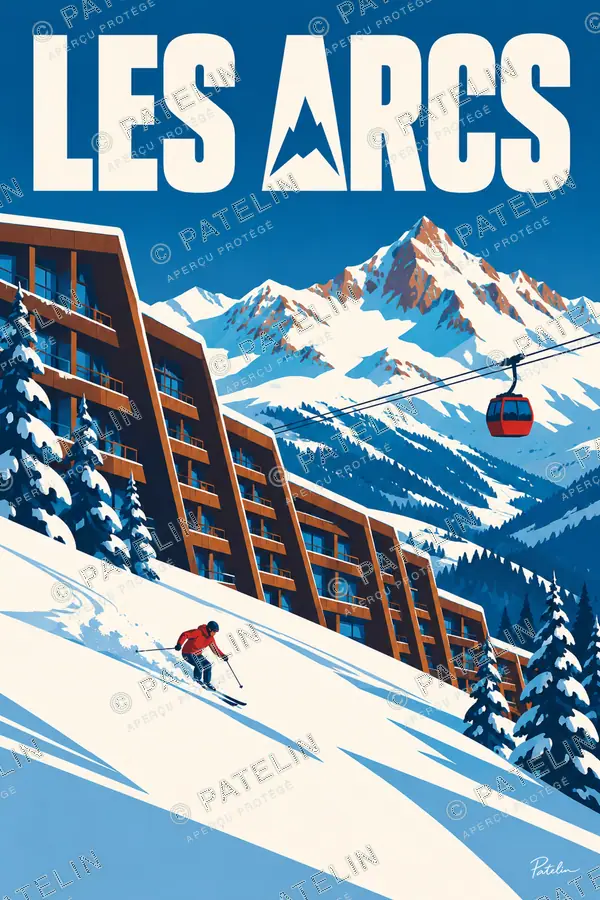 Illustration Les Arcs — Le skieur au pied des résidences, style Pop