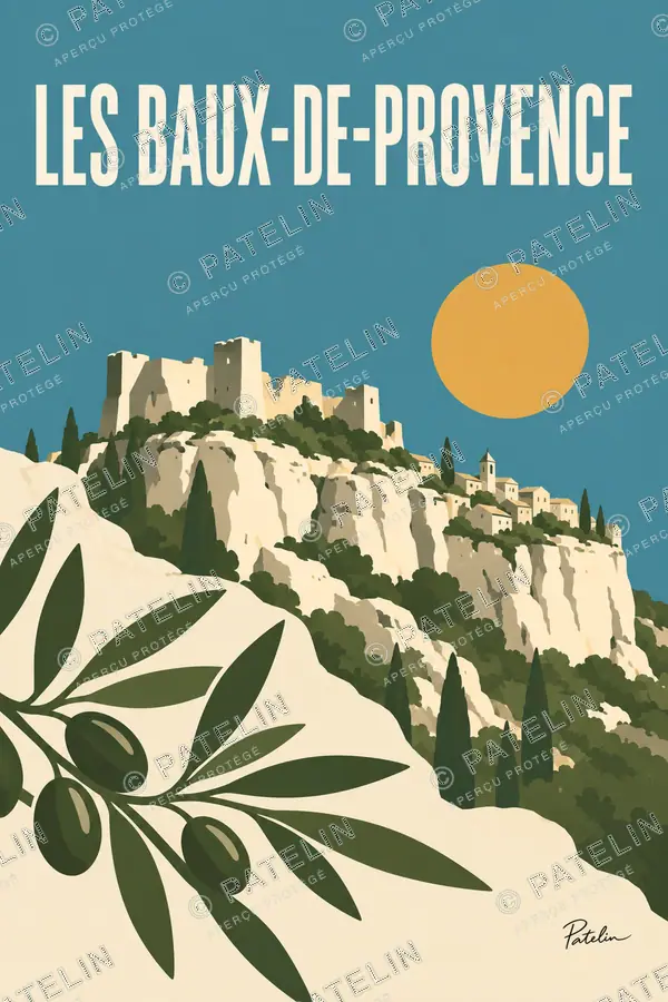 Illustration Les Baux-de-Provence — Les roches et l’olivier, style Minimal