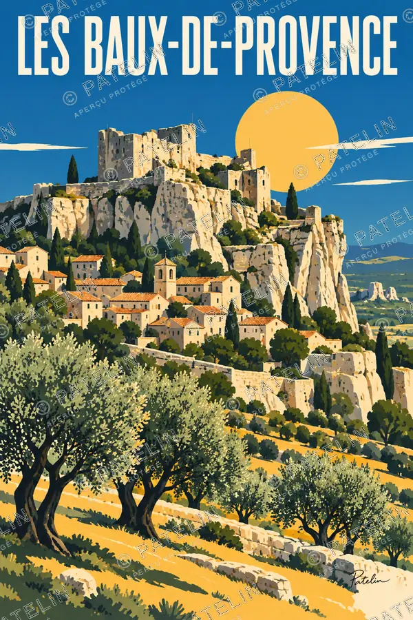 Illustration Les Baux-de-Provence — Le village et les oliviers, style Pop