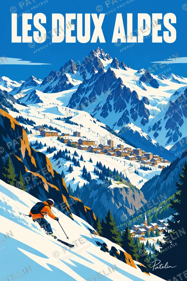 Illustration Les Deux Alpes — Le skieur au-dessus de la station, style Pop