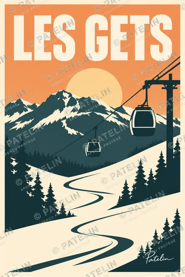 Illustration Les Gets — Les télécabines dans la neige, style Minimal