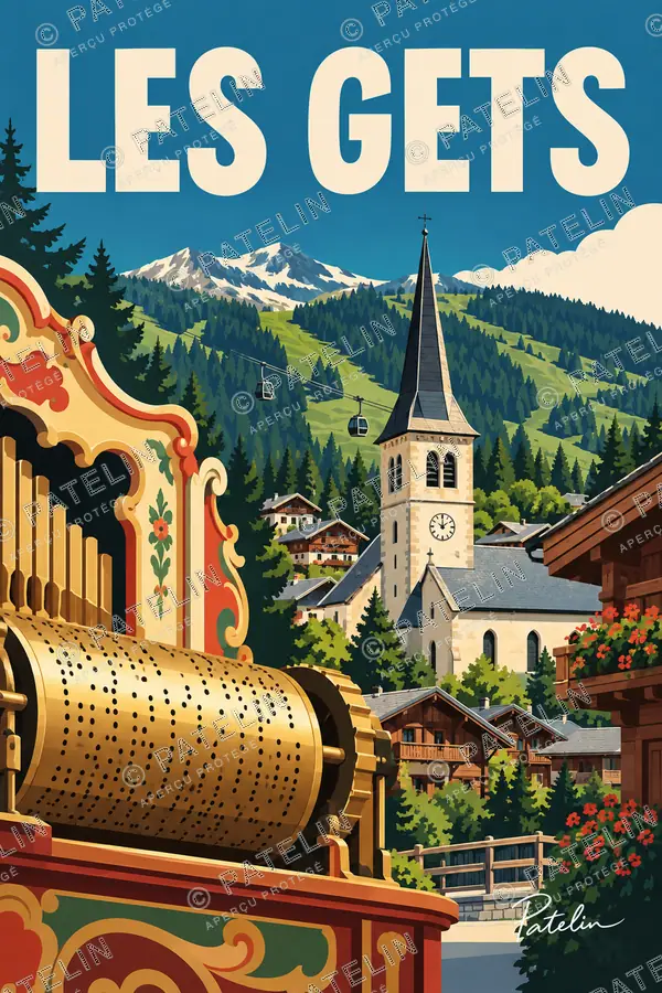 Illustration Les Gets — Le village et l’orgue mécanique, style Pop