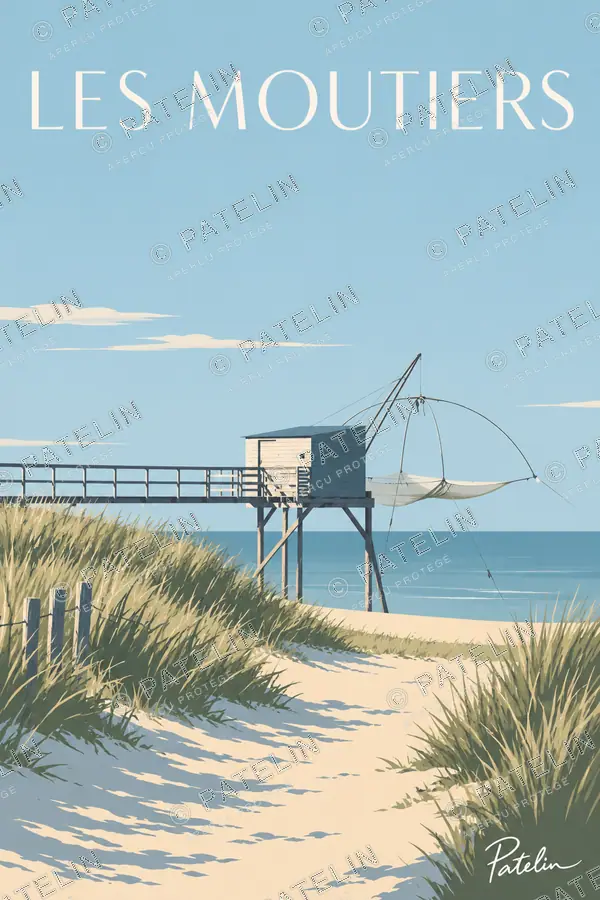 Illustration Les Moutiers-en-Retz — La plage et le carrelet, style Minimal