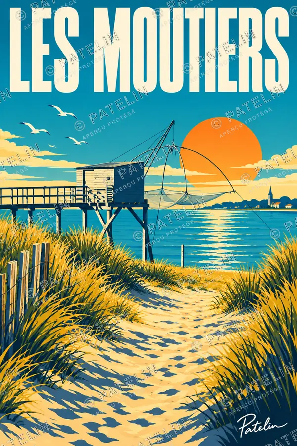 Illustration Les Moutiers-en-Retz — La plage et le carrelet, style Pop