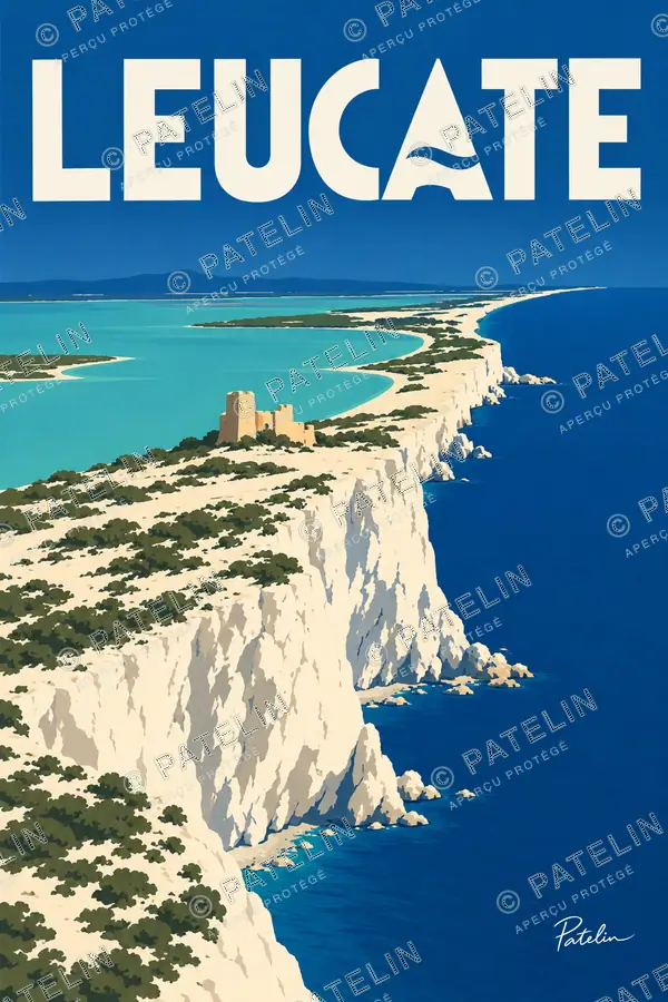 Illustration Leucate — Les falaises entre deux bleus, style Minimal