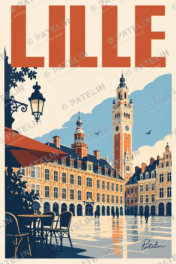 Illustration Lille — La Grand-Place et le beffroi, style Minimal