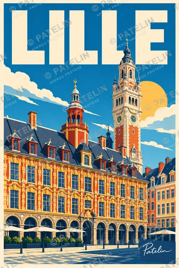 Illustration Lille — La Grand-Place et le beffroi, style Pop