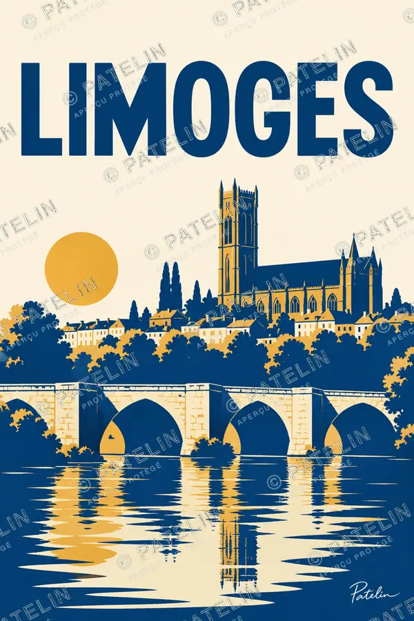 Illustration Limoges — La cathédrale et le pont, style Minimal