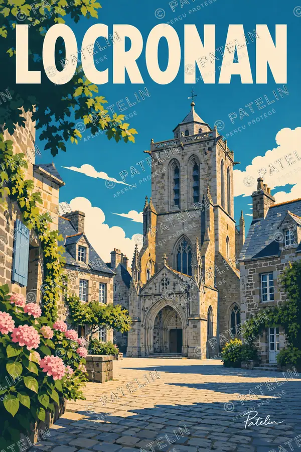 Locronan — La place et les hortensias, illustration Pop